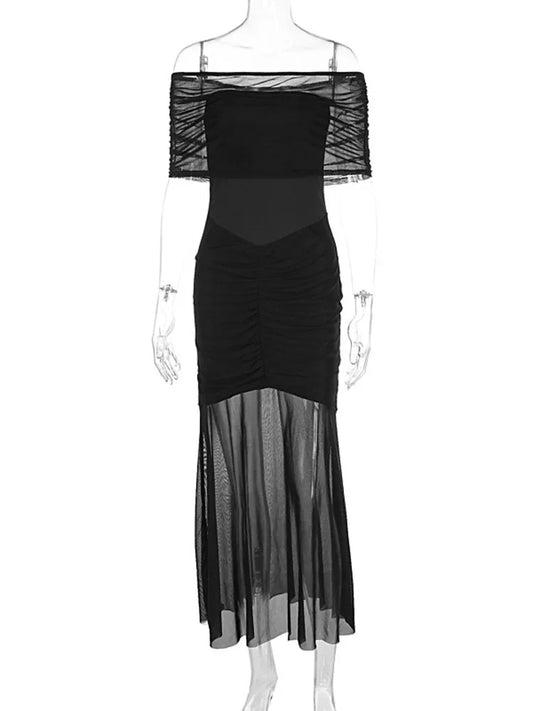 Strapless Pleated Mesh Splice Maxi Dress Two-Piece Backless Elegant See Through Sexy Party Dresses Slim One Step Dress