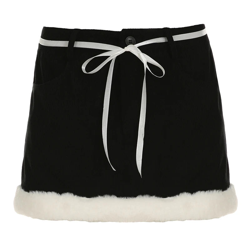 Minifalda negra Hotsweet para mujer, otoño, nueva ropa Y2k, falda de pana con lazo y ribete falso, combina con todo.