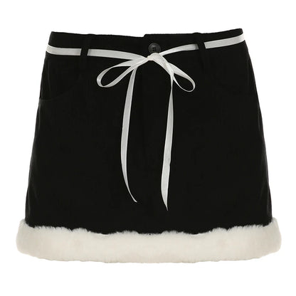 Minifalda negra Hotsweet para mujer, otoño, nueva ropa Y2k, falda de pana con lazo y ribete falso, combina con todo.