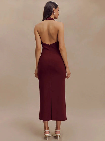 Vestido largo sexy sin mangas con escote en V profundo y cuello halter para mujer, elegante vestido ajustado con espalda descubierta y tirantes finos, vestido largo de moda para mujer