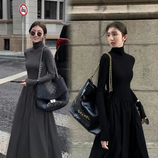 New French Style Temperament Women’s High-Grade Black Dress Hepburn Style Gray Turtleneck Dress for Women Autumn Winter DF4964