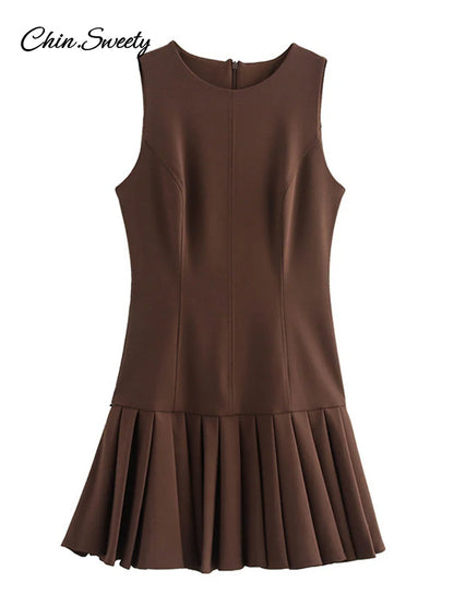 Elegante minivestido plisado para mujer, marrón, cuello redondo, sin mangas, corte A, cintura alta, vestidos de fiesta, moda informal, nuevo, batas con cremallera