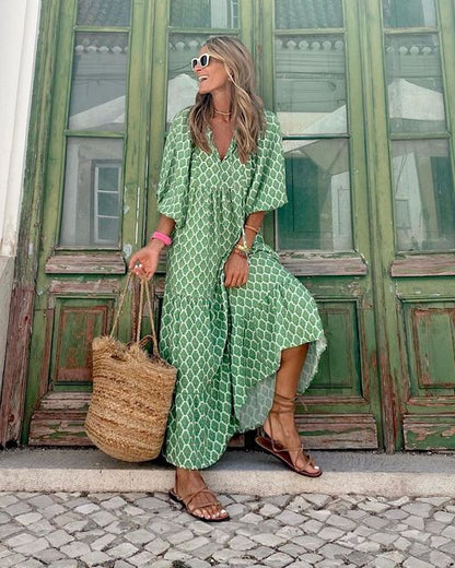 Autumn Dresses For Women 2025 Print Casual Ruffles Loose Long Dress Vintage Elegant Office Beach Style V Neck Vestidos