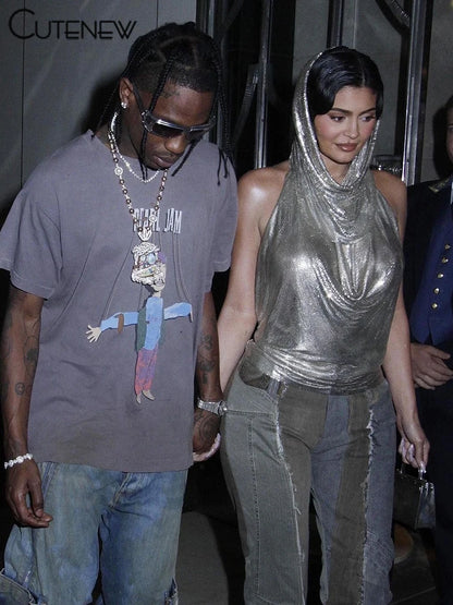 Sexy Chain Backless Tank Top Suit Women Halter Low Swinging Collar Indie Folk Silver-sequins Vest with Scarf High Street