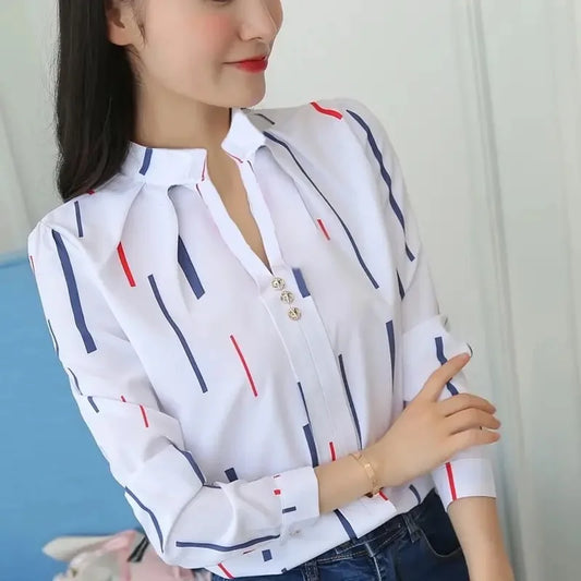Blusas blancas para mujer, blusas de moda con estampado de rayas, informales, de manga larga, para oficina, blusas ajustadas DF4970