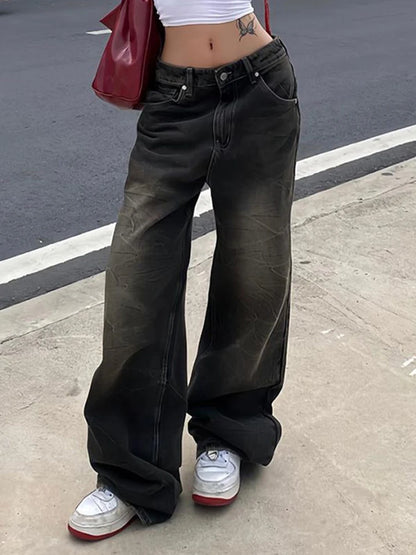 Pantalones vaqueros rectos casuales retro americanos para mujer, estilo urbano vintage, desgastados