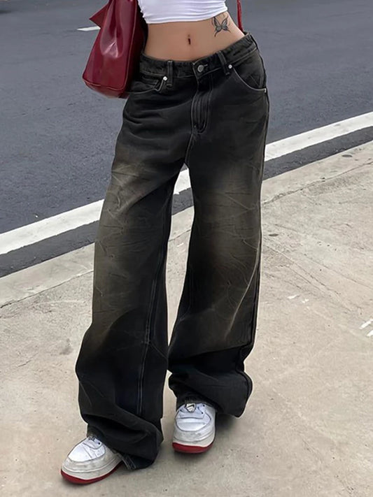 Pantalones vaqueros rectos casuales retro americanos para mujer, estilo urbano vintage, desgastados