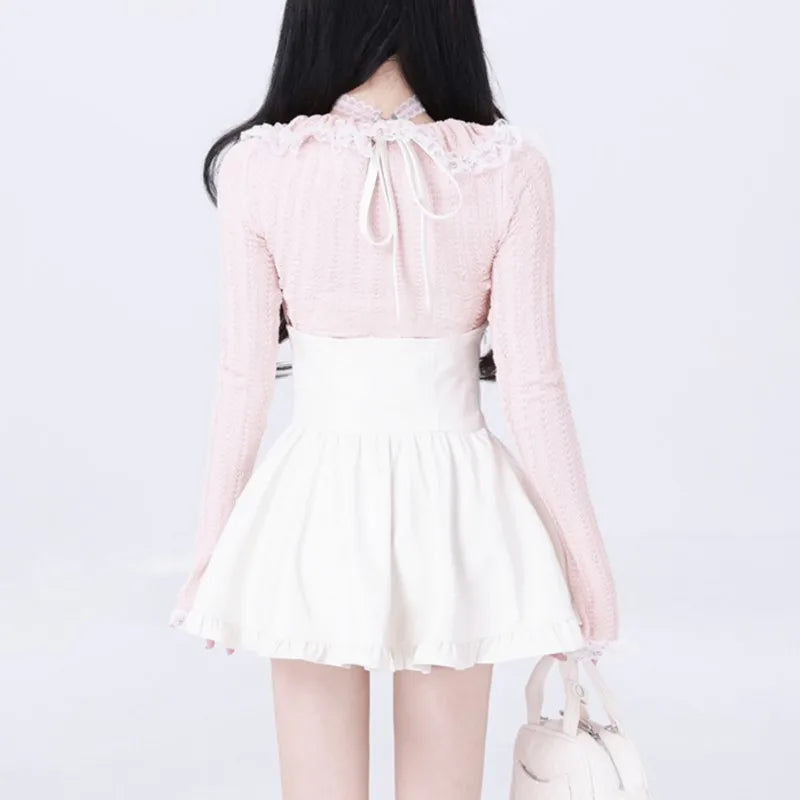 Conjunto de falda de dos piezas Y2K con cuello cuadrado de encaje, top de manga larga, minifalda halter de cintura alta, moda coreana, conjuntos sexys kawaii, nuevo