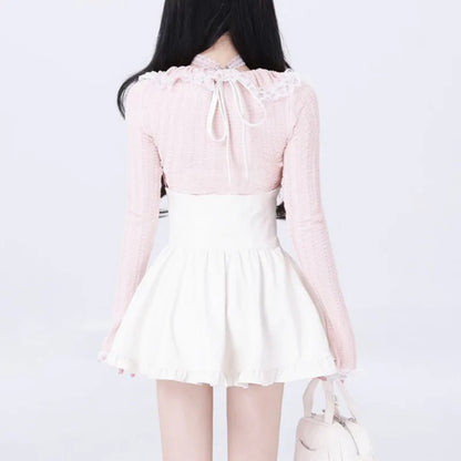 Conjunto de falda de dos piezas Y2K con cuello cuadrado de encaje, top de manga larga, minifalda halter de cintura alta, moda coreana, conjuntos sexys kawaii, nuevo
