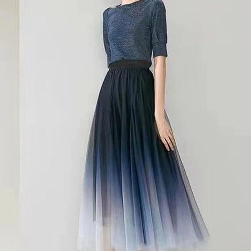 Faldas elegantes de tul para mujer, cintura alta, malla degradada, plisadas, midi, coreanas, elásticas, sueltas, informales, combinables, línea A