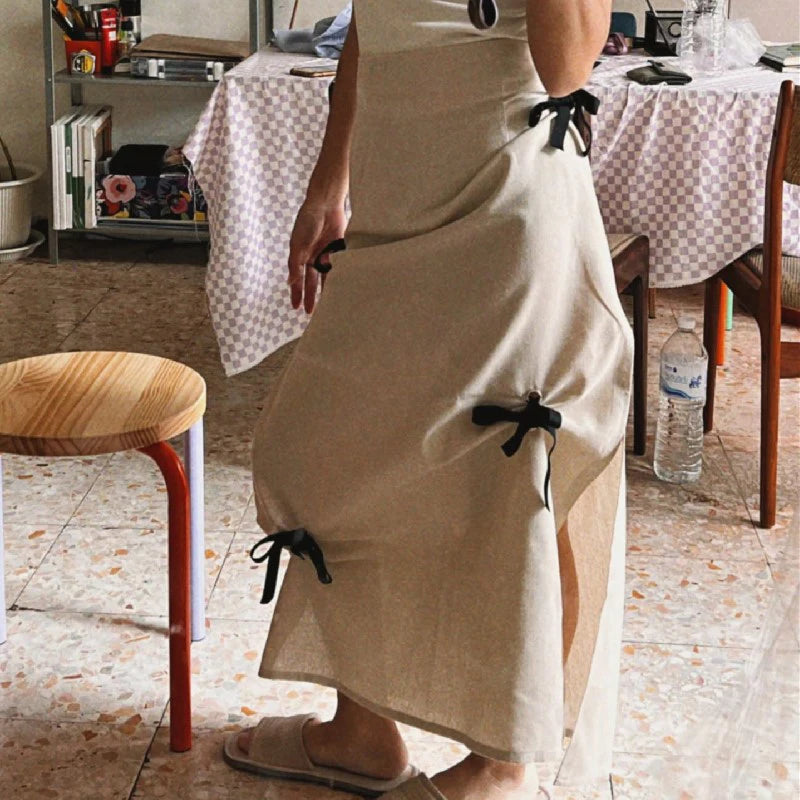 y2k Skirts Women Aesthetic Clothes Solid Color High Waist Split Midi Skirts with Bow Decor 2000s Skirts Streetwear