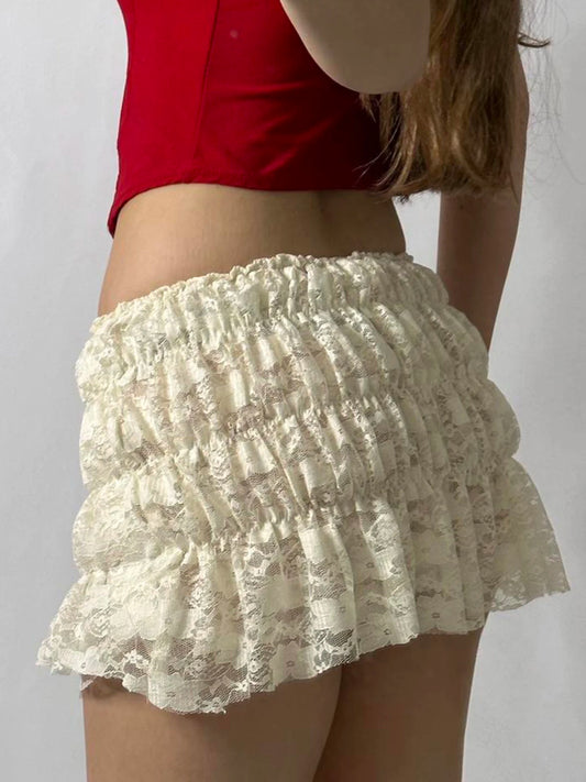 Sweet Cute Balletcore Women Mini Skirts Solid Lace Bow Ruched Cake Skirt Spring Summer Trendy Clothes