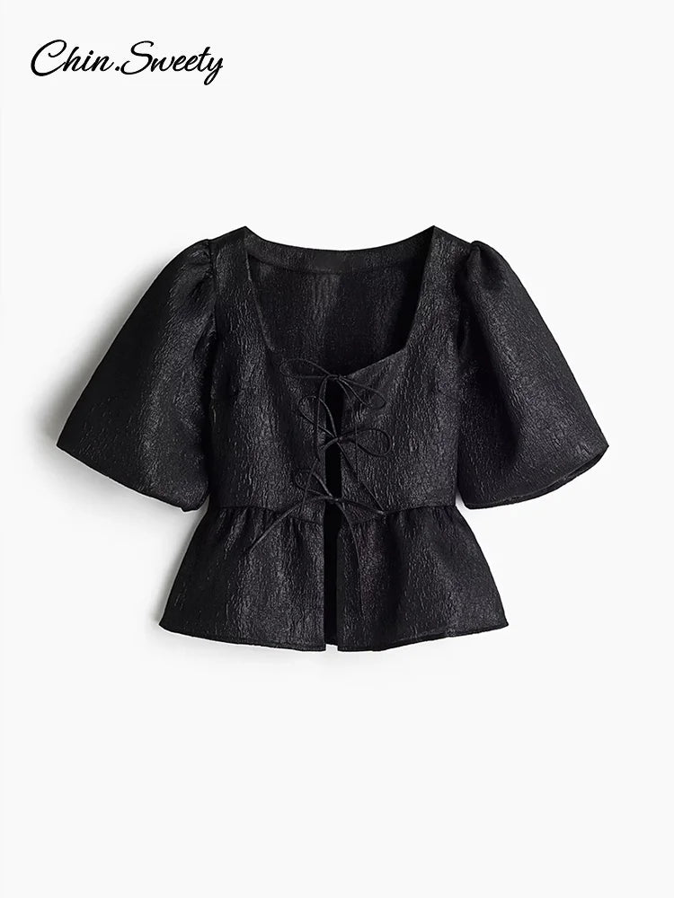 Elegant Square Collar Crop Blouses Women Lace Up Puff Short Sleeve Shirts 2025 Spring Summer Lady All-match Hollow Out Tops New