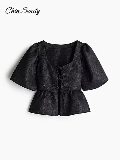 Elegant Square Collar Crop Blouses Women Lace Up Puff Short Sleeve Shirts 2025 Spring Summer Lady All-match Hollow Out Tops New