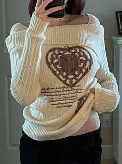 Suéter blanco de otoño e invierno para mujer, nuevo jersey de manga larga Y2k con estampado de corazón retro y hombros descubiertos, jersey ajustado y sexy