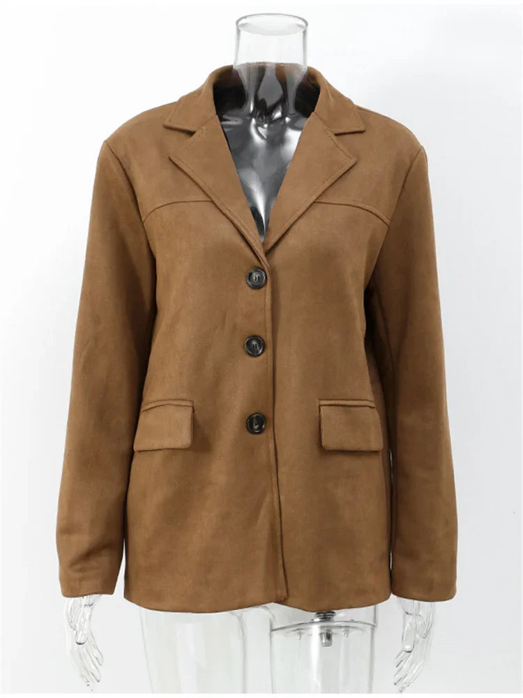 Chaquetas de bolsillo de moda vintage para mujer, abrigo de invierno con solapa para la calle, elegante y liso para el día a día.