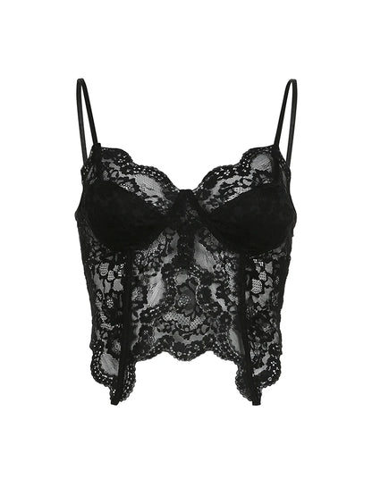 Black See Through Sexy Asymmetrical Goth Lace Camisole Women Rave Baddie Outfits Crop Top