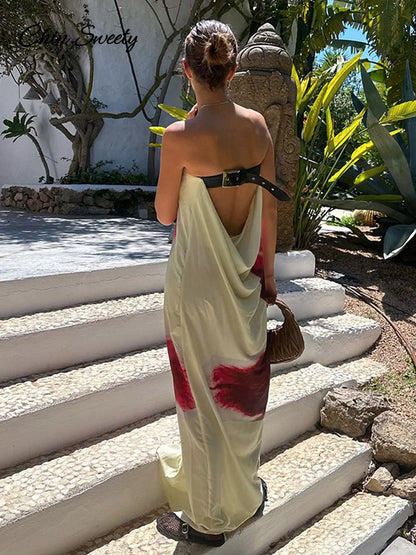 Sexy Floral Printed Strapless Long Dresses Women Loose Off The Shoulder Sleeveless Beach Dress 2025 Summer Lady Vacation Robes