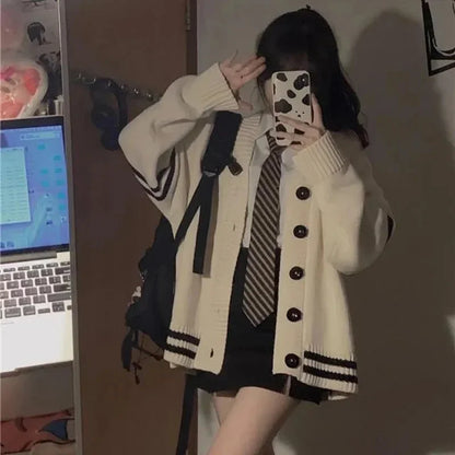 Cárdigan holgado a rayas para mujer, suéter vintage Y2K de otoño e invierno con una sola botonadura, ropa de calle informal coreana, abrigo de punto para mujer
