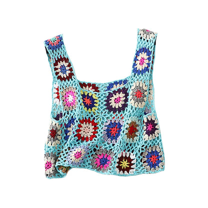Top corto de punto de crochet de los años 2000 para mujer, camiseta sin mangas con bordado floral, chaleco Y2K, ropa de playa, ropa de calle