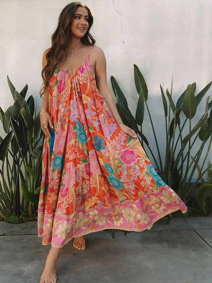 Loose Printed V-neck Sling Dresses Women Retro Printing Sleeveless Backless Long Dress Female Spring Chic Street Beach Holiday