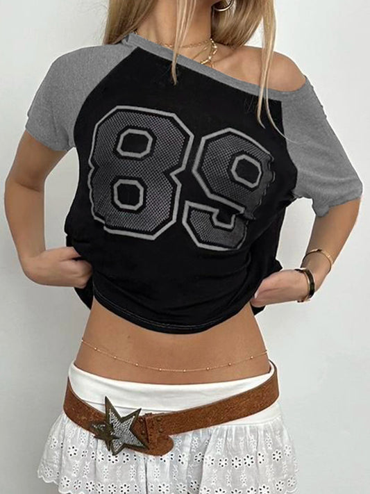American Retro Casual Football Tee Jersey Figure Print Contract Patchwork Short Sleeve Loose Casual Summer Preppy T Shirt Women