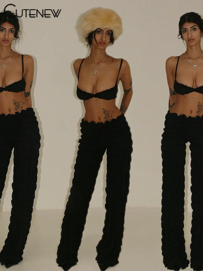 Camisola corta con fruncido para mujer, conjunto de 2 piezas de verano, a la moda, color liso, con pantalones de cintura elástica, ropa de club sexy a juego para mujer
