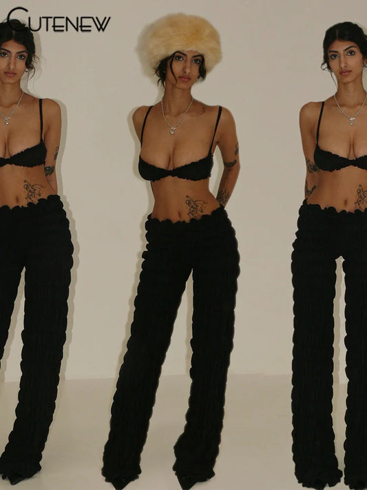 Camisola corta con fruncido para mujer, conjunto de 2 piezas de verano, a la moda, color liso, con pantalones de cintura elástica, ropa de club sexy a juego para mujer