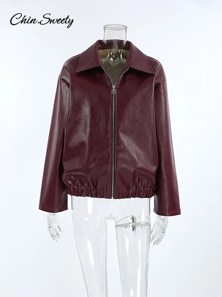 Fashion Lapel Leather Bomber Jacket Women Loose Zipper Long Sleeves Locomotive Coat  Autumn New Lady High Street Outerwear