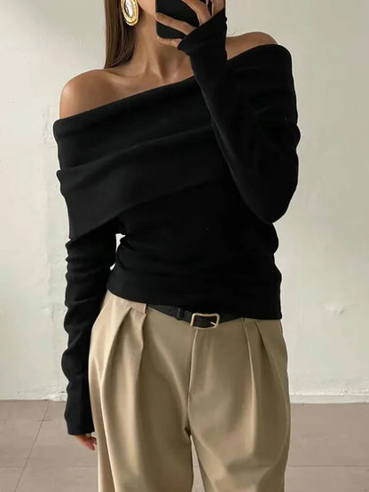 Suéter de punto sin espalda para mujer, top ajustado con banda, liso, corto, ropa de calle, hombros descubiertos, elegante, de punto para otoño
