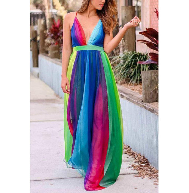 Vestidos de gasa arcoíris con tirantes finos para mujer, sexys, con escote en V profundo y espalda descubierta, largos, elegantes, a la moda, para fiestas de noche.