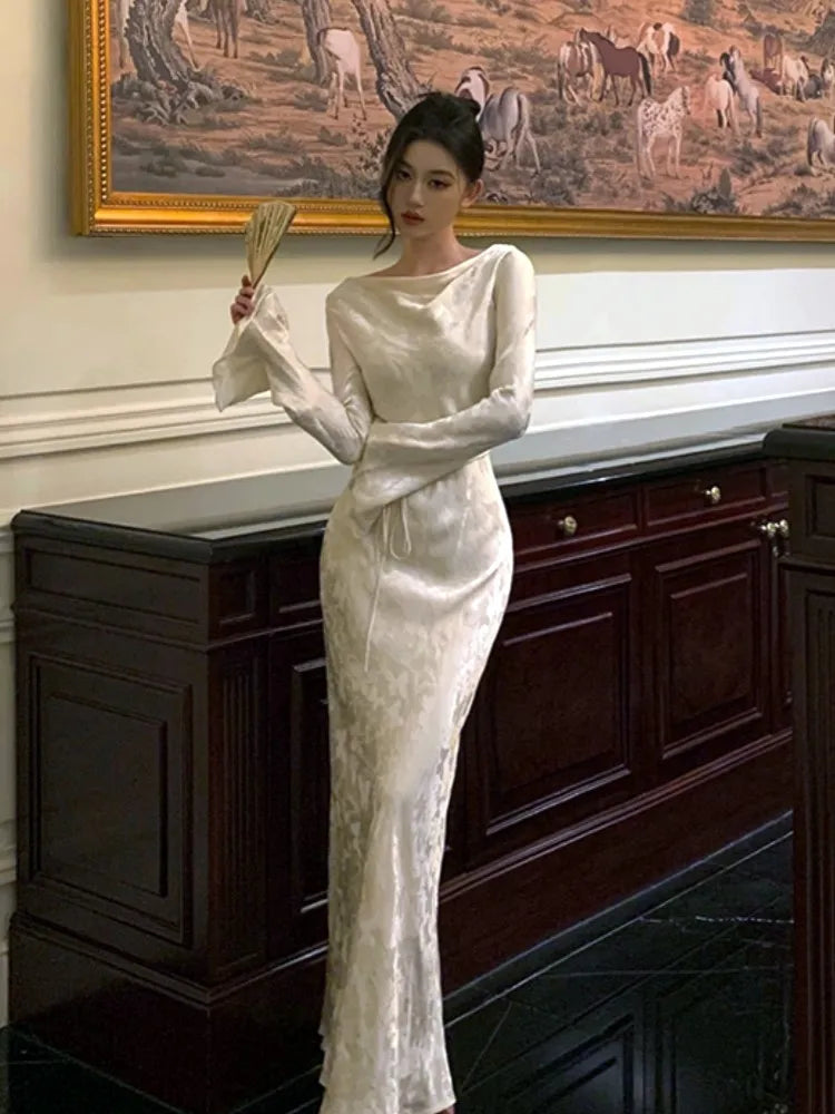 Vestidos de noche de otoño para mujer, ajustados, para boda, graduación, manga acampanada, cuello alto, estilo francés vintage, midi, novedad