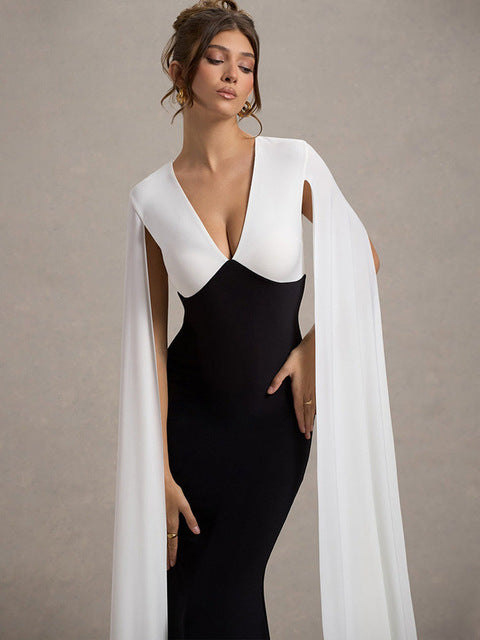 Elegant Patchwork Sleeveless Ribbon Bodycon Party Evening Dress Women Winter 2025 Sexy V-neck Tight Long Dress Vestido