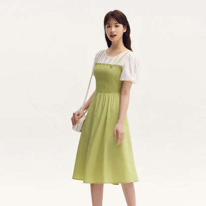Vestido de mujer con mangas abullonadas y encaje de retazos, dos piezas, corte entallado, estilo fresco de verano, cuello redondo, falda de longitud media