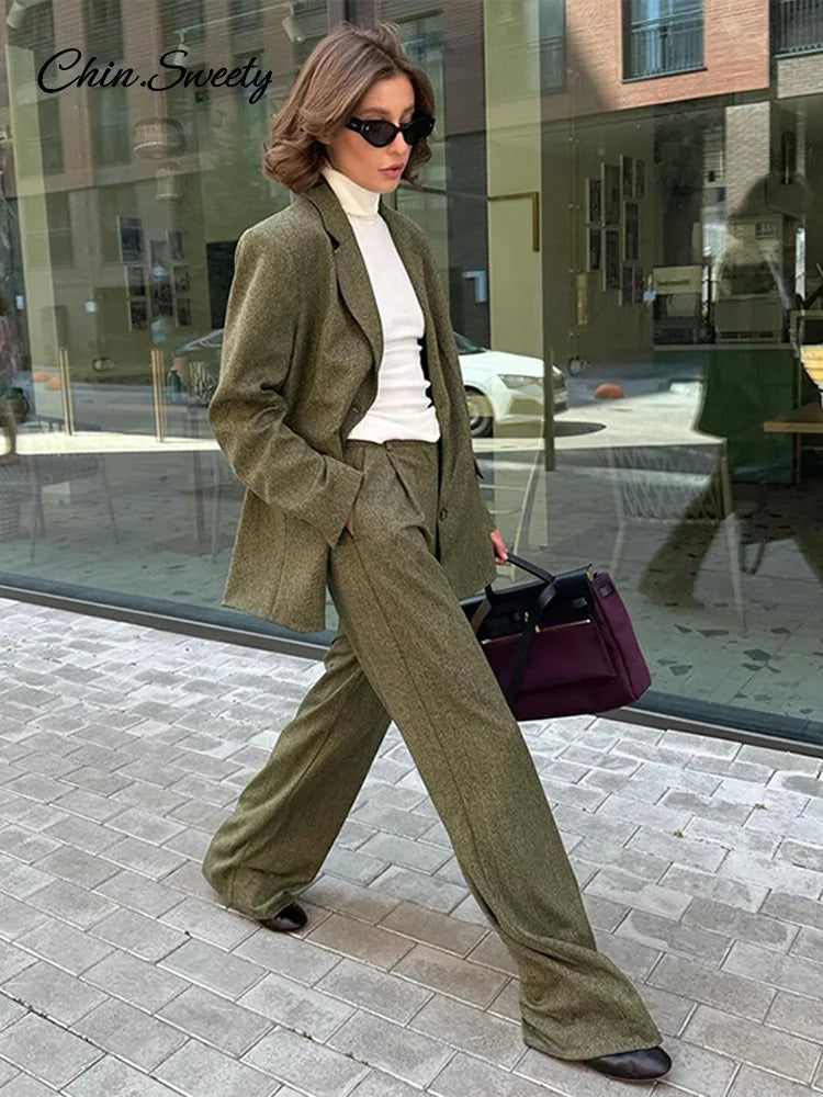 Conjunto elegante de abrigo y pantalón para mujer, moda de solapa, manga larga, blazer de un solo pecho, pantalones de pierna ancha, conjunto de 2 piezas para mujer, conjuntos holgados.