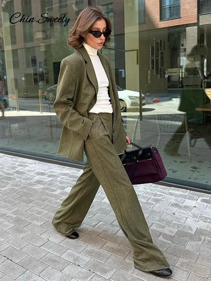 Conjunto elegante de abrigo y pantalón para mujer, moda de solapa, manga larga, blazer de un solo pecho, pantalones de pierna ancha, conjunto de 2 piezas para mujer, conjuntos holgados.