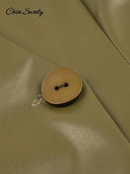 Chaqueta de cuero para mujer, estilo urbano, verde, con pliegues, escote en V, un botón, manga larga, bolsillos, abrigo hasta la cintura, primavera 2025, estilo urbano Y2K.