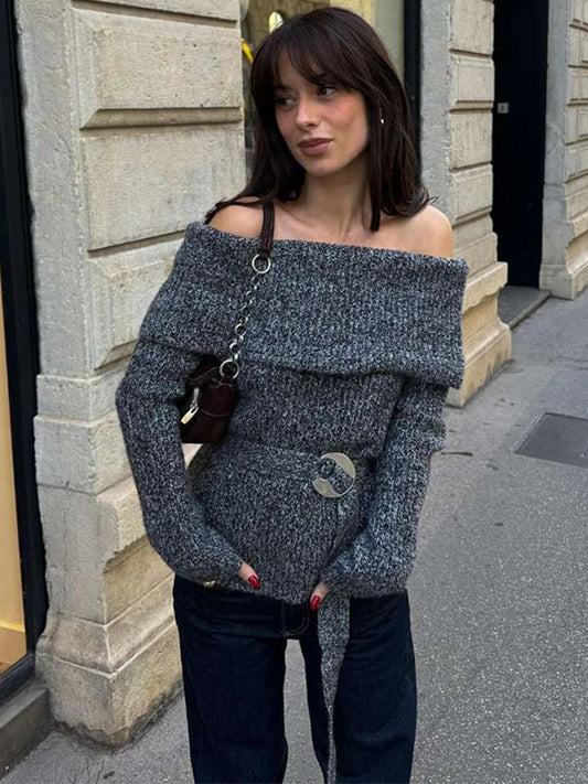 Suéter vintage con hombros descubiertos y cinturón para mujer, elegante suéter de punto liso grueso de manga larga, ropa de punto urbana elegante de invierno para mujer