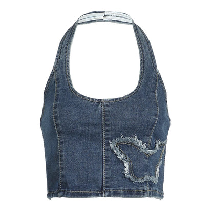 Embroidery Butterfly Women Halter Denim Tank Top Fashion Street Y2K Sleeveless Vest Backless Sexy Fitted Cropped Top