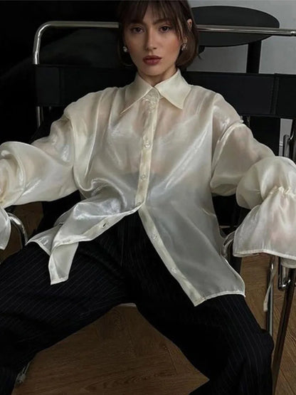 Camisas vintage lisas con mangas acampanadas y cuello alto para mujer, elegantes camisas con solapa y botonadura sencilla con cordones, blusas elegantes de calle para mujer