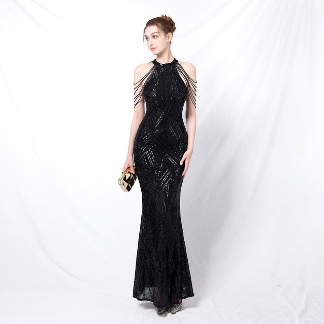 Vestido de noche elegante con cuello halter y lentejuelas, falda a la cadera con borlas de cristal, sin mangas, liso, con decoración de diamantes de imitación, vestido largo para mujer