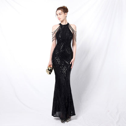 Vestido de noche elegante con cuello halter y lentejuelas, falda a la cadera con borlas de cristal, sin mangas, liso, con decoración de diamantes de imitación, vestido largo para mujer