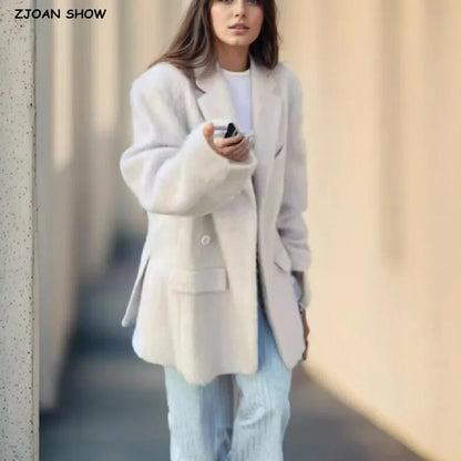 Blazer largo y peludo estilo boyfriend retro para mujer, con doble abertura en la espalda y bolsillos delanteros, holgado, de gran tamaño, a la moda