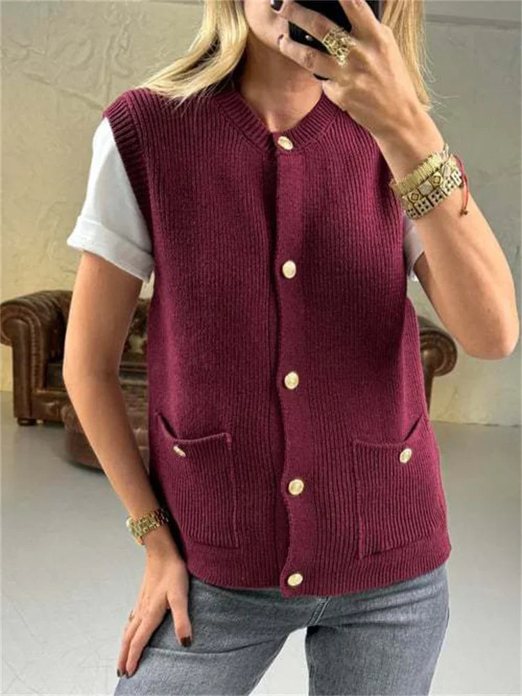 Casual Loose Sweater Cardigan Vestidos For Women Sleeveless Ribbed Cropped Pocket Commute Top Female Solid Cardigan Top