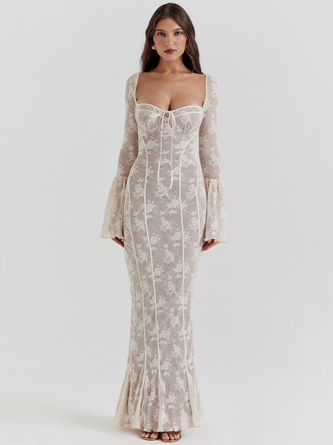 Vestido maxi sexy de manga larga acampanada con estampado de encaje para mujer, vestido sexy de moda con cuello cuadrado, sin espalda, ajustado al cuerpo para fiesta y club.