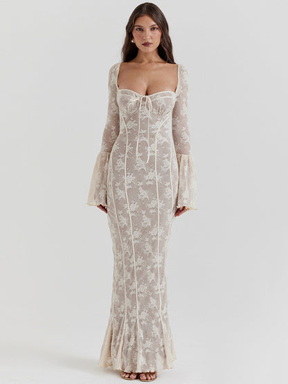 Vestido maxi sexy de manga larga acampanada con estampado de encaje para mujer, vestido sexy de moda con cuello cuadrado, sin espalda, ajustado al cuerpo para fiesta y club.
