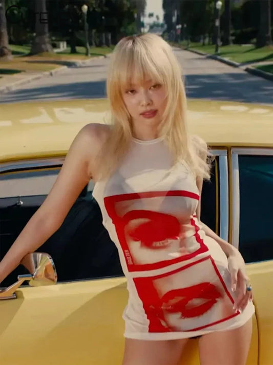 Panelled Print Women Mesh Tops Hipster Thin O-neck Sleeveless See Through Lengthen Tanks Female Stunning Street Clubwear