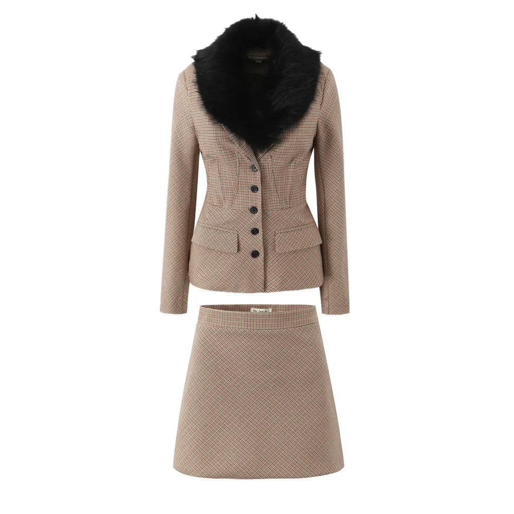 Conjunto de 2 piezas para mujer, blazer a cuadros de pata de gallo con cuello de piel sintética extraíble y cintura ajustada con varillas + minifalda de cintura alta tipo A.