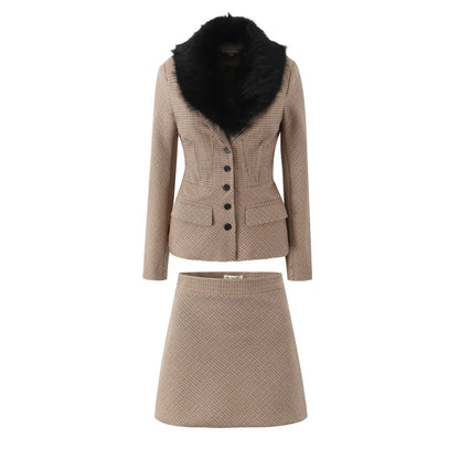 Conjunto de 2 piezas para mujer, blazer a cuadros de pata de gallo con cuello de piel sintética extraíble y cintura ajustada con varillas + minifalda de cintura alta tipo A.