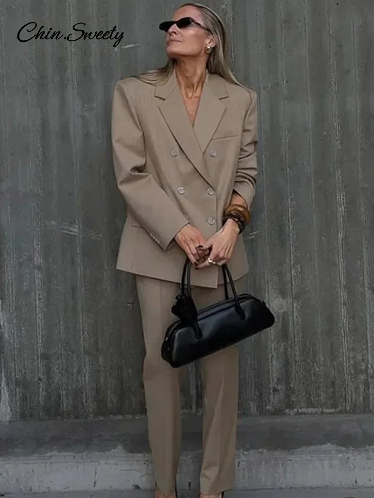 Striped Pant 2 Piece Set Women Double-breasted Full Sleeve Blazer Wide Leg Zipper Long Trousers Female 2025 Lady Commute Outfits